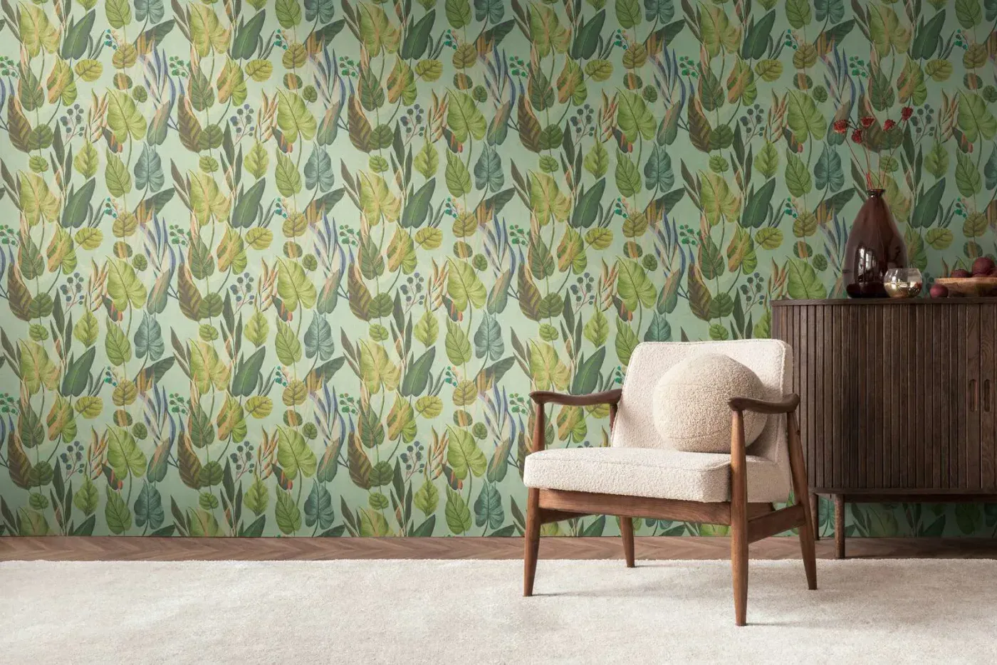 Papel mural botánico verde Anna d'Andrea en living